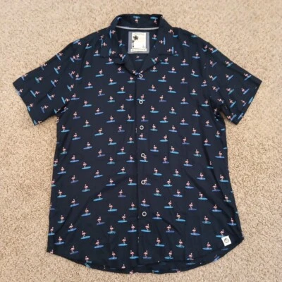 Free Planet Shirt Mens Large Blue Flamingo Pattern Short Sleeve Button Up Rayon - Image 1 of 4