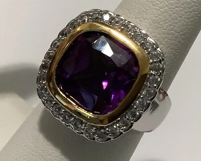 Amethyst Crystal Surrounded By Clear Cz’s And Gold & SS Ring (132) Size 5.75 “ - Image 1 of 3