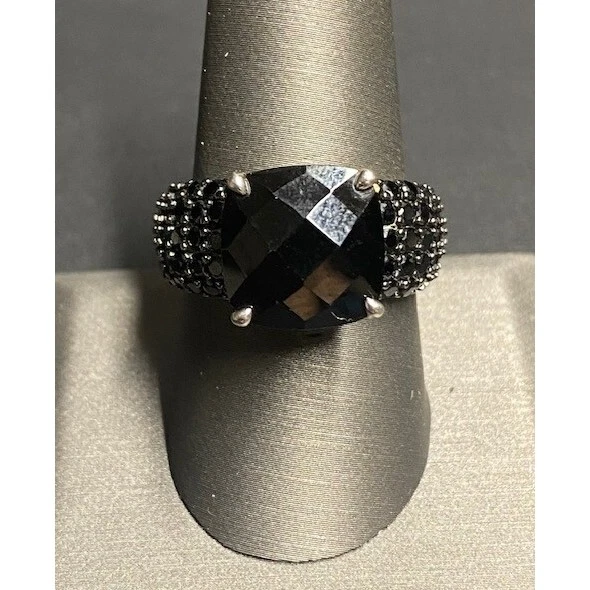 925 Sterling Silver And Black Jadeite Jade Ring Size 9 Sky - Image 1 of 4