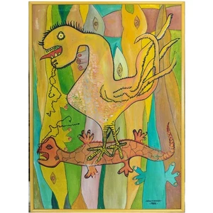 José Garcia Montebravo Yellow Chicken 22x15 Oil/Canvas Painting Cuban Art 1985 - Picture 1 of 6
