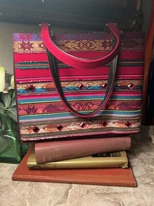 Rare Isabella Fiore Red tribal tassel tote embroider Sequin Bag Fish Print 90s - Picture 1 of 12