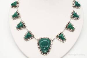 Vintage Mexiko grüne Onyx geschnitzte Masken Sterlingsilber Halskette
