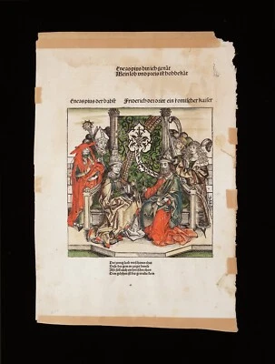 Crónica de Núremberg 1493 Hartmann Schedel página coloreada a mano religiosa Papa Rey Foto 1 de 4
