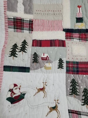 Pottery Barn Kids Holiday Heritage Tan Santa Toddler Quilt 36" x 50" Christmas  - Image 1 of 3