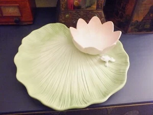 Vintage Fitz & Floyd Ceramic Lily Pad Pink Bowl With Frog 1 Piece Chip & Dip - Picture 1 of 5