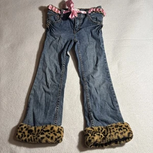 Y2K Lil Bratz Jeans Girls Size 5 Blue Pink Belt Leopard Cuffs Glam Denim Pants - Picture 1 of 7