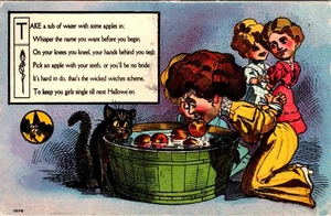 Nash Halloween Postcard bobbing for Apples Black Cat Witch Postcard KB195 - Picture 1 of 2