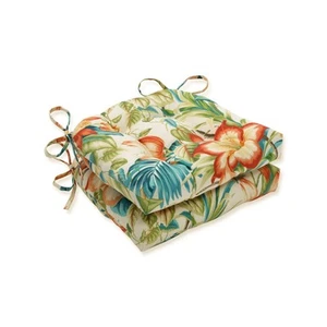 Tropic Floral Indoor/Outdoor Chairpad with Ties, Reversible, Tufted, Weather,... - Picture 1 of 5