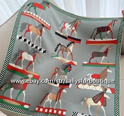 Sallys Heavy 18 Momme Twill Silk Wrap Scarf Horses Print Double Face Shawl 35" - Image 1 of 4