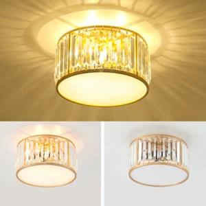 Gold Crystal Flush Mount Ceiling Light Modern Drum Round Shade Ceiling Lamp - Picture 1 of 8