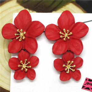 Fashion Lady Red Lovely Alloy Large Flower Crystal Women Stand Earrings