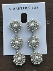 Charter Club Silver Tone Drop Pierced Earrings Clear Crystals New Faux Pearls - Picture 1 of 4