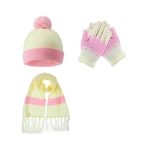 Toddler Winter Warmer Knit Beanie Hat Gloves Scarf Set 3 Pc - Cream Pink - Picture 1 of 7