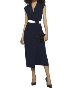 Lauren Ralph Lauren Black Label Navy White Jersey Knit Belt Midi Dress Women's - Picture 1 of 14