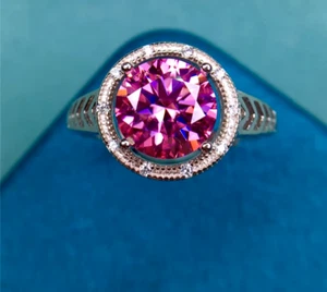 Pink Moissanite Round Brilliant Cut Ring, VVS1 2 Carat Pink Moissanite Ring - Picture 1 of 4