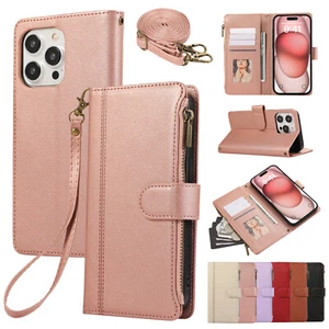 For iPhone 16 Pro Max 15 14 13 12 11 XS Zipper Wallet Cover Leather Phone Case - Picture 1 of 28