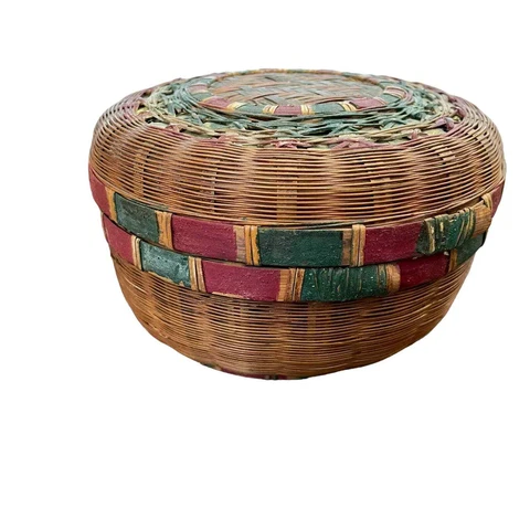 Vintage Chinese Wicker Sewing Basket Split Bamboo Hand Painted Antique Woven Cover