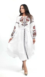 White Dress with Embroidery 60%Linen/40%Cotton - Picture 1 of 8
