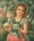 Young Girl with a Kitten, 24"x20" Oil Painting on Canvas, Genuine hand painted