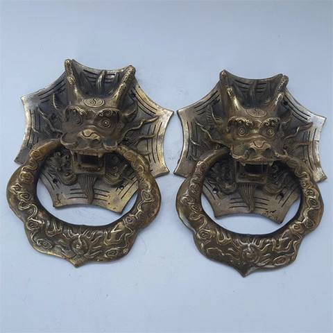 A Pair Classical Folk Rare Chinese old copper dragon door knocker Bells Cover