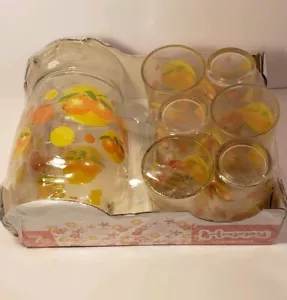 Happy Drink Set Fruit design Original box 7 PC set vintage Pitcher And Glasses - Picture 1 of 8