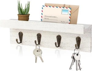 Rustic Key Holder for Wall, Farmhouse Wall Shelf with 4 Hooks, Wall Mounted Key - Picture 1 of 12