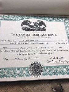 Libro genealógico West Family Heritage 1985 único certificado de gráfico de árbol genealógico - Imagen 1 de 8