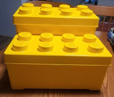 Set Of 2 LEGO Storage Containers Brick Box Case Yellow 8 Stud Bin Tote With Lid - Image 1 of 4