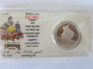 Disney Schneewittchen 50. Serie 1/2oz Happy Silver PP 1987 Raritäten Mint - Bild 1 von 3