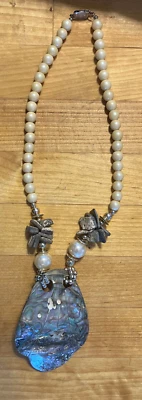 Lg. Abalone Leaf & Pearl Pendant Necklace Signed M.J. 1001--Free Ship - Image 1 of 3