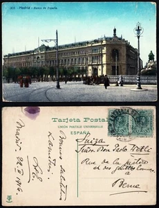 1916 Madrid Postcard – Banco de España – Pair of 5c Alfonso XIII to Switzerland - Picture 1 of 3