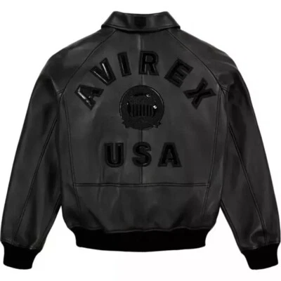 Men's Avirex Real Bomber American Flight Jacket Full Black  Leather Sheep Jacket - Image 1 of 4