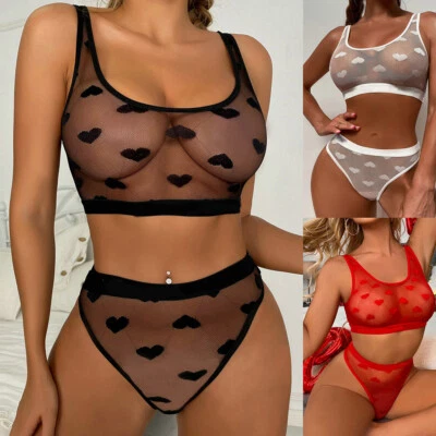 Mesh Heart Vest Bra Panties Set Lingerie Set Bodysuit Bodydoll Sexy Two Piece W - image 1 of 4