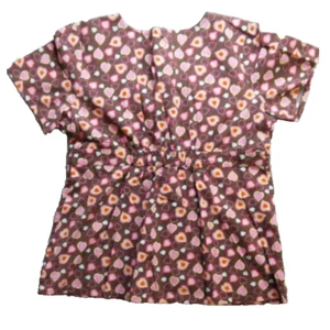 Urbane Women's Scrub Top Size L  💞  Brown & Pink Hearts Cinch Back Short Sleeve - Picture 1 of 24