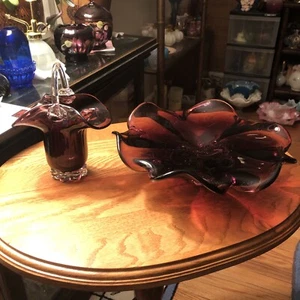 Murano Style Amethyst Purple Art Glass Centerpiece Bowl & Basket - Picture 1 of 16