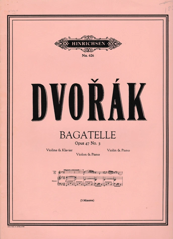 Dvorak. Bagatelle Op.47 No.3 for Violin & Piano. Score and Part - Image 1 of 1