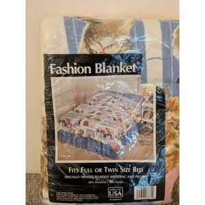 Vintage Fashion Blanket Kitty Kat Cat Print Design Fits Full or Twin Bed NEW - Picture 1 of 8