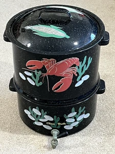 Vintage Double Steam Speckled Black Seafood Lobster Steamer Clam Corn Broth Pot - Picture 1 of 17