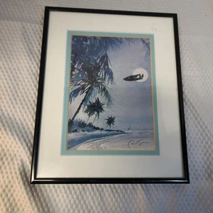 Framed Tropical Watercolor Postcard by Carol Gavin See Hidden Dog Read Descript. - Picture 1 of 17