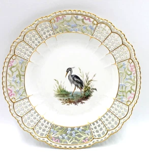 Antique Meissen Porcelain Reticulated Plate Heron Egret Shore Bird & Frog 10” - Picture 1 of 5