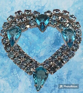 Blue/Green Marquise Crystal Heart Brooch Vtg w/Round Blue Rhinestones Pin EUC - Picture 1 of 14