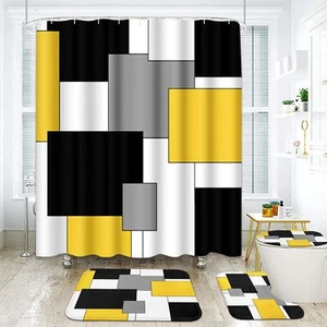 Yellow Black Grey Modern Bathroom Set with Shower Curtain and Rugs Accessories, - Picture 1 of 8