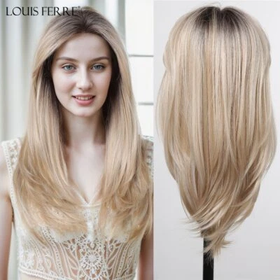 LOUIS FERRE Brown Blonde Ombre Synthetic Lace Front Wig Long Straight Full Hair - Image 1 of 4