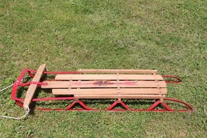 Vintage Flexible Flyer III 55" Wood & Metal Sled Red Rails Solid - Picture 1 of 8
