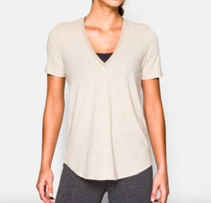 Nwt Under Armour Studio Sup Plunge V-Ausschnitt Beige Kurzärmeliges Top Damen S - Picture 1 of 7