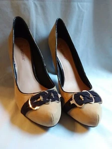 Just Fab Shoes Heels Tan Suede With Black Suede Buckle Detailed Sz 8.5 - Picture 1 of 5