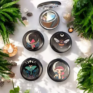 Dark Forest Double Compact Mirror 4 Design Choices Luna Moth Mushroom Bee Moon - Picture 1 of 10
