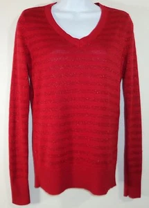 Charter Club Womens XS Red Ribbed Knit Metallic Thread V Neck Sweater - Picture 1 of 5