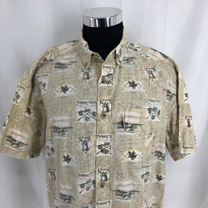 Woolrich Short Sleeve Adventure Shirt Fish Deer Canoe Airplane Rods Reel Large - Picture 1 of 5
