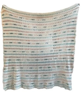 Handmade Crochet Afghan Throw Blanket Pastels Peach Blues White Beige 66”x60” - Picture 1 of 4